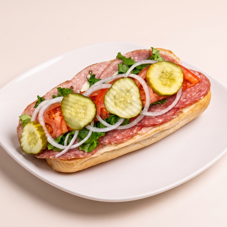 Salami sandwich on a white plate topped with lettuce, tomato, pickles, and sliced onions.