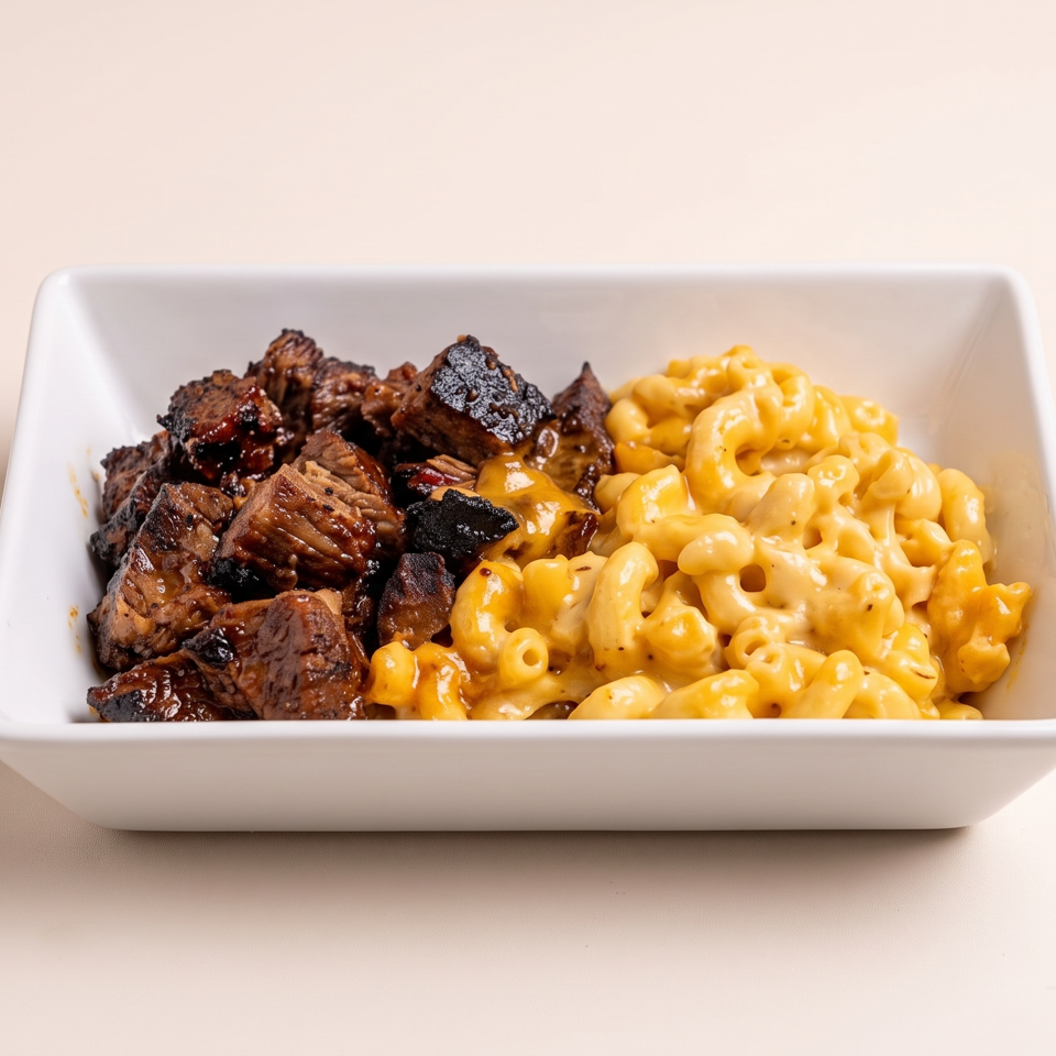 Bowl of smoky barbecue meat bites served alongside creamy macaroni and cheese.
