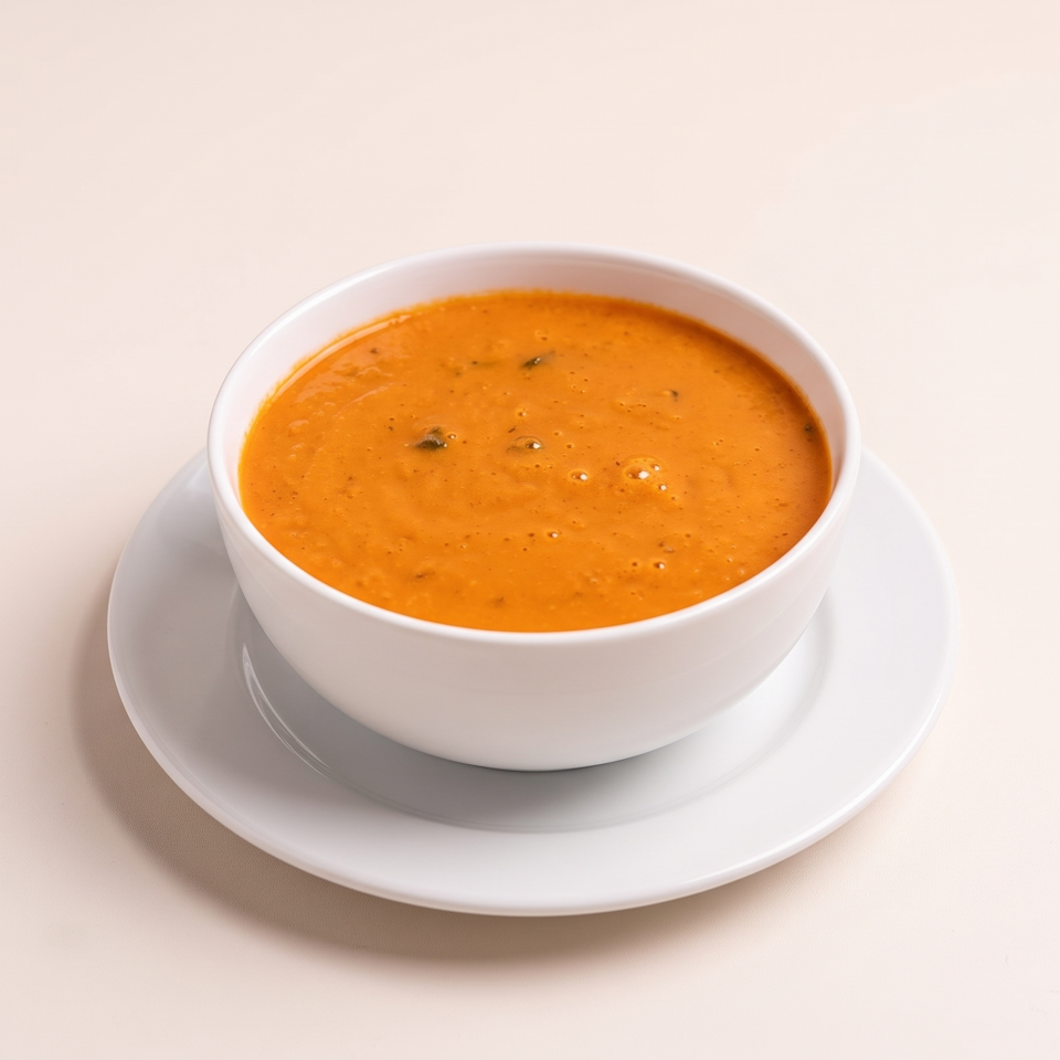Bowl of creamy orange soup on a white saucer against a light background.