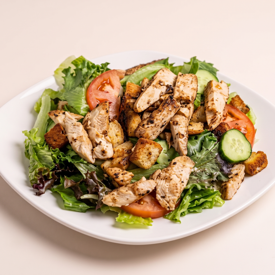 Grilled chicken salad with mixed greens, tomatoes, cucumber, and toasted croutons on a white plate.