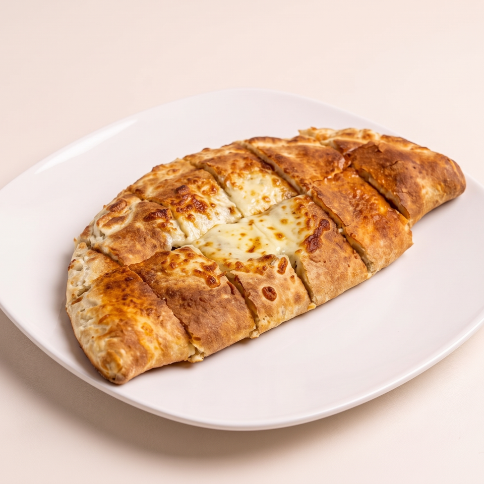 Golden-brown cheese-stuffed pastry cut into pieces and served on a white plate.