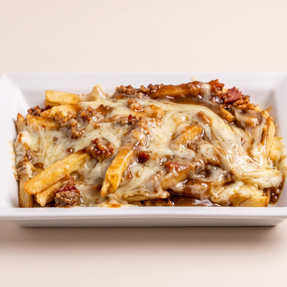 Loaded fries topped with melted cheese, savory gravy, mushrooms, and bacon in a white rectangular serving dish.
