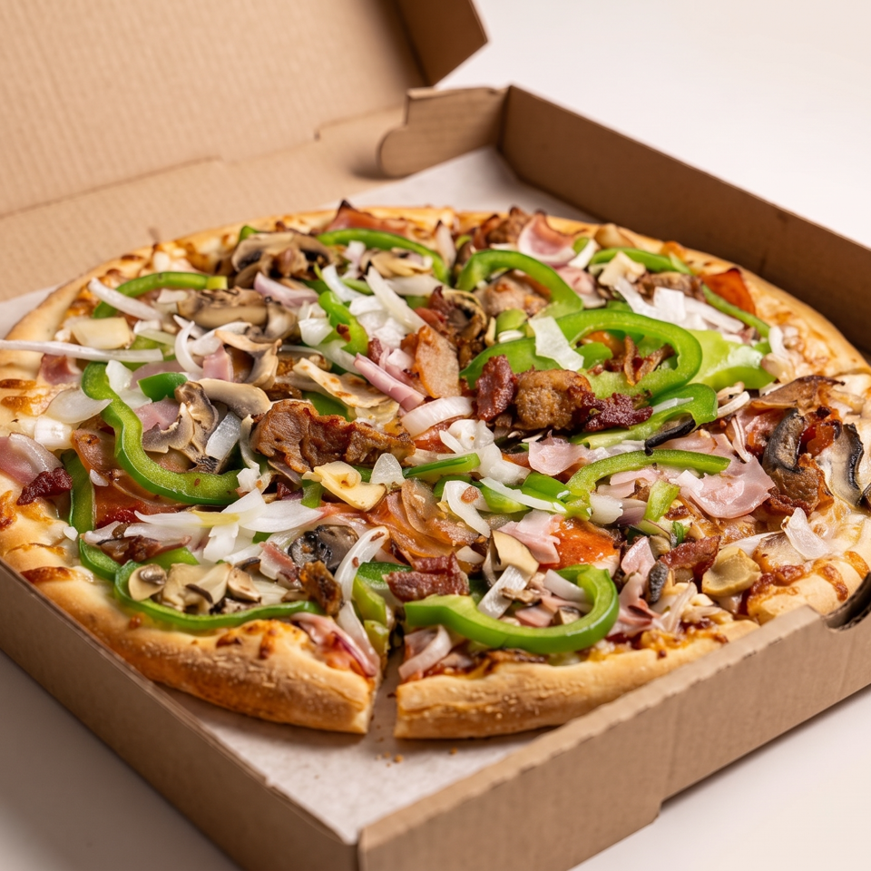 Loaded pizza topped with green peppers, mushrooms, onions, bacon, and sausage in an open cardboard box