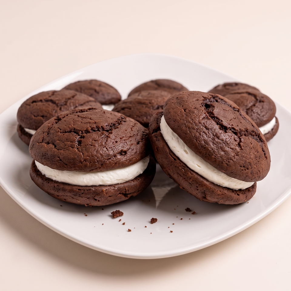 Chocolate whoopie pies filled with white cream arranged on a white plate, with crumbs scattered in front.