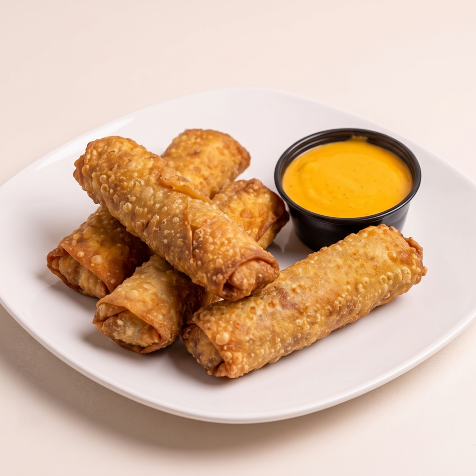 Crispy golden spring rolls arranged on a white plate with a cup of bright orange dipping sauce.